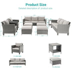 BONOSUKI 9Pcs Patio Sofa Conversation Set Grey Rattan With Side Table