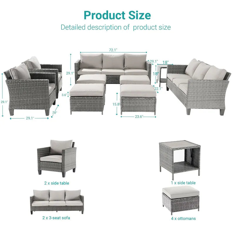 BONOSUKI 9Pcs Patio Sofa Conversation Set Grey Rattan With Side Table
