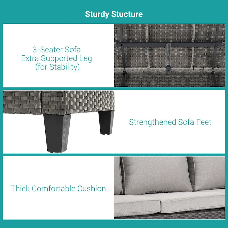 BONOSUKI 9Pcs Patio Sofa Conversation Set Grey Rattan With Side Table