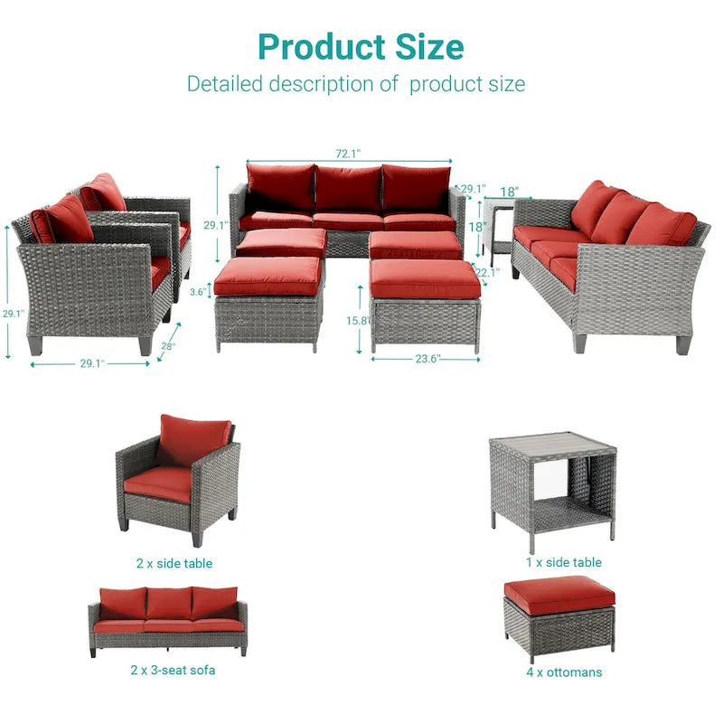BONOSUKI 9Pcs Patio Sofa Conversation Set Grey Rattan With Side Table