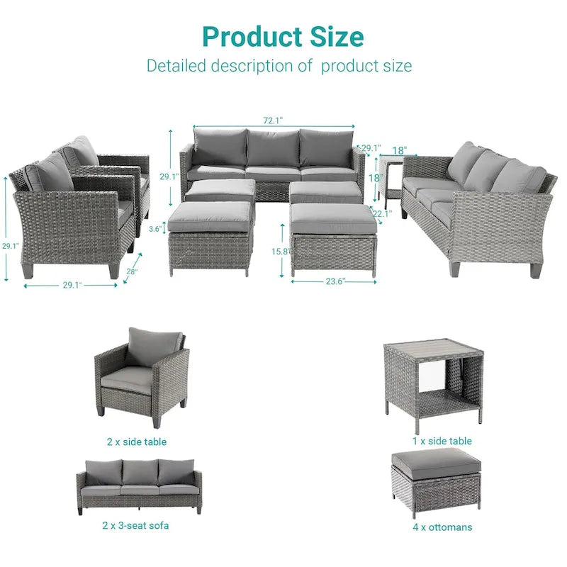 BONOSUKI 9Pcs Patio Sofa Conversation Set Grey Rattan With Side Table
