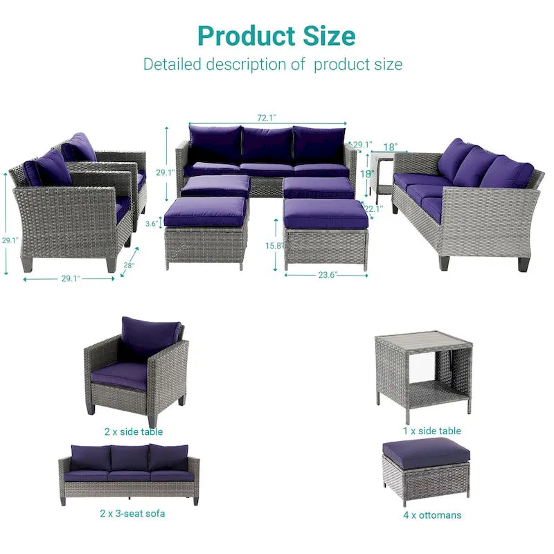 BONOSUKI 9Pcs Patio Sofa Conversation Set Grey Rattan With Side Table