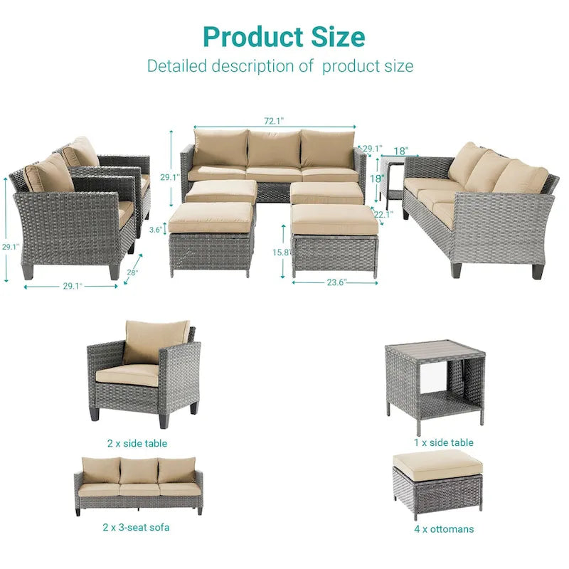 BONOSUKI 9Pcs Patio Sofa Conversation Set Grey Rattan With Side Table