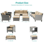 BONOSUKI 9Pcs Patio Sofa Conversation Set Grey Rattan With Side Table