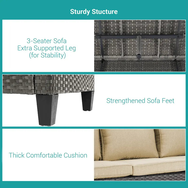 BONOSUKI 9Pcs Patio Sofa Conversation Set Grey Rattan With Side Table