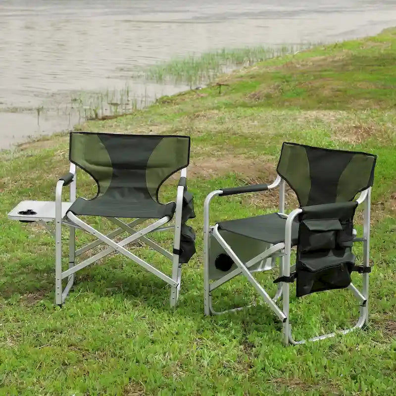 2-piece Padded Folding Outdoor Chair with Side Table and Storage Pockets