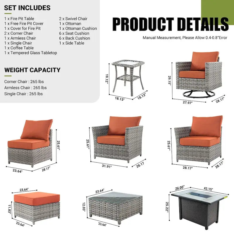 XIZZI 10-piece Patio Wicker Furniture Set with Fire Pit