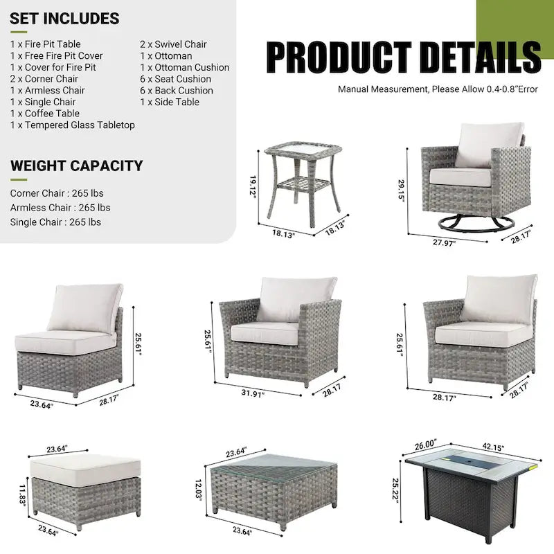 XIZZI 10-piece Patio Wicker Furniture Set with Fire Pit