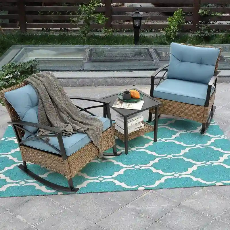 3 Piece Outdoor Rattan Rocking Chair with Coffee Table