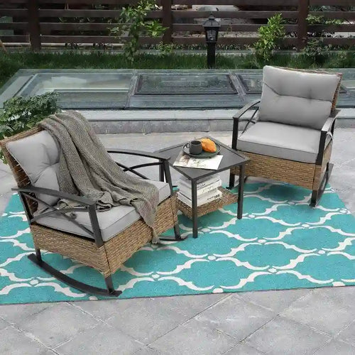 3 Piece Outdoor Rattan Rocking Chair with Coffee Table