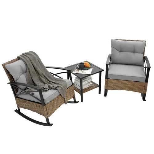 3 Piece Outdoor Rattan Rocking Chair with Coffee Table