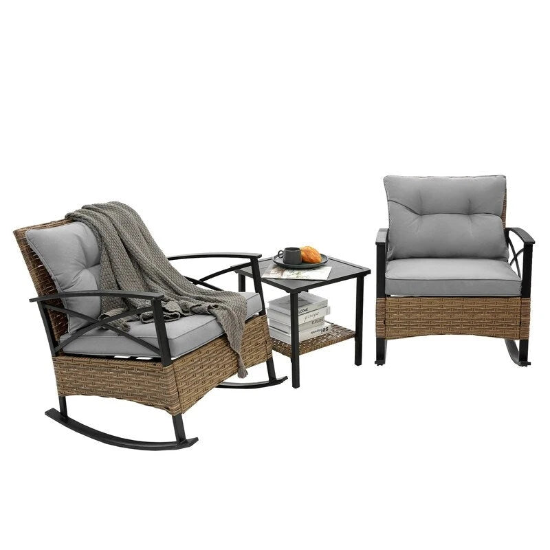 3 Piece Outdoor Rattan Rocking Chair with Coffee Table