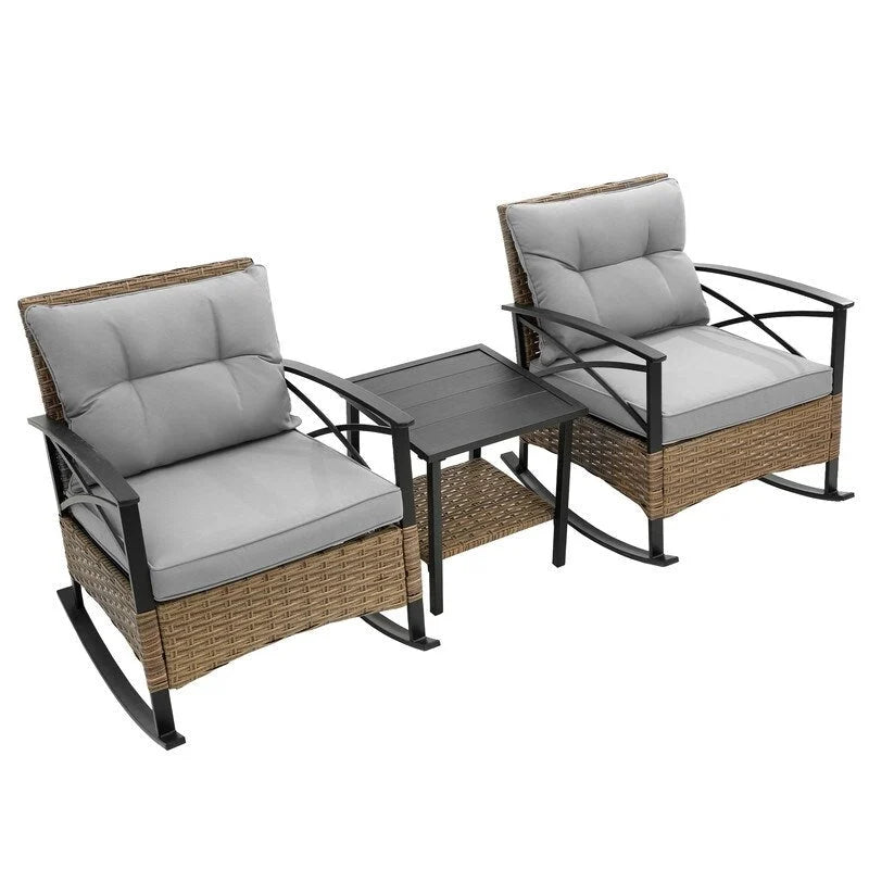 3 Piece Outdoor Rattan Rocking Chair with Coffee Table