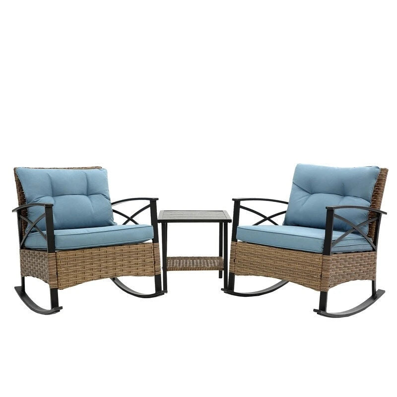 3 Piece Outdoor Rattan Rocking Chair with Coffee Table