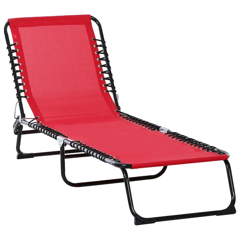 Patio Folding Chaise Lounge, Outdoor Sun Tanning Chair with 4-Position Reclining Back, Pillow, Breathable Mesh and Bungee Seat