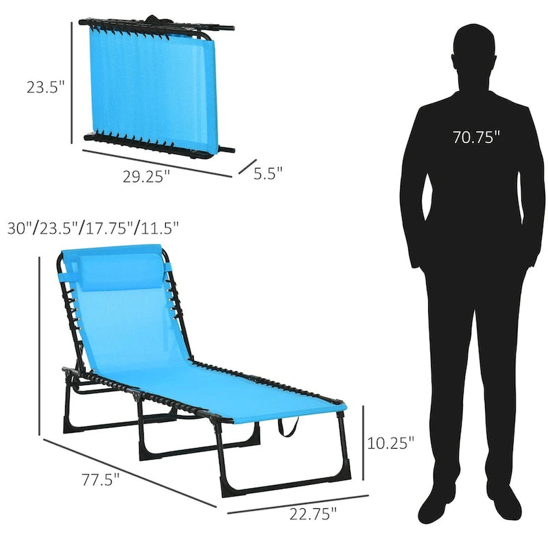 Patio Folding Chaise Lounge, Outdoor Sun Tanning Chair with 4-Position Reclining Back, Pillow, Breathable Mesh and Bungee Seat