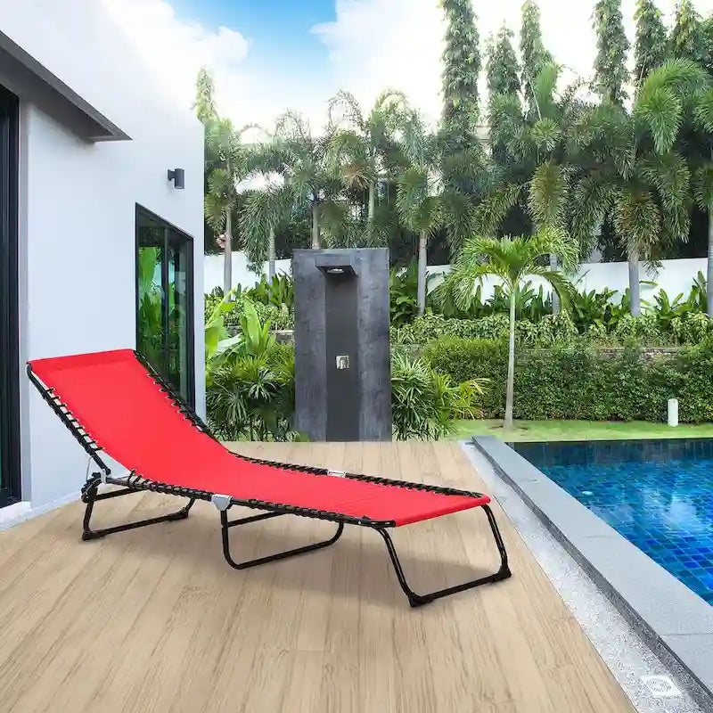 Patio Folding Chaise Lounge, Outdoor Sun Tanning Chair with 4-Position Reclining Back, Pillow, Breathable Mesh and Bungee Seat