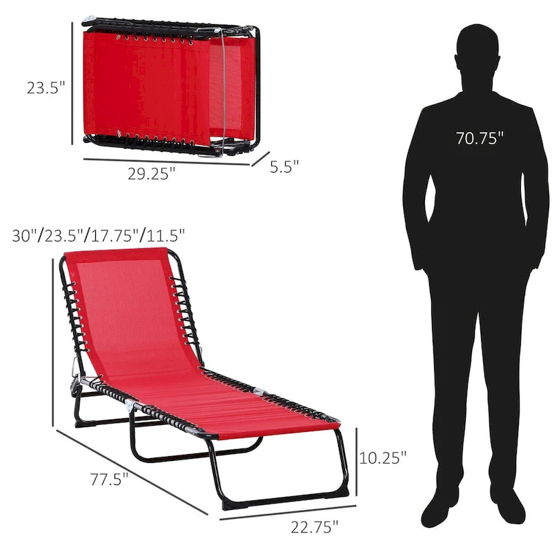 Patio Folding Chaise Lounge, Outdoor Sun Tanning Chair with 4-Position Reclining Back, Pillow, Breathable Mesh and Bungee Seat