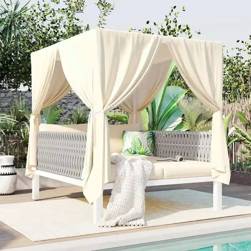 Outdoor Patio Sunbed with Curtains, High Comfort, Suitable