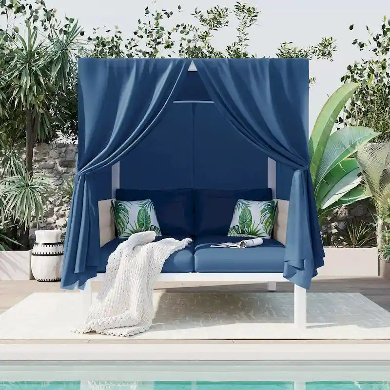 Outdoor Patio Sunbed with Curtains, High Comfort, Suitable