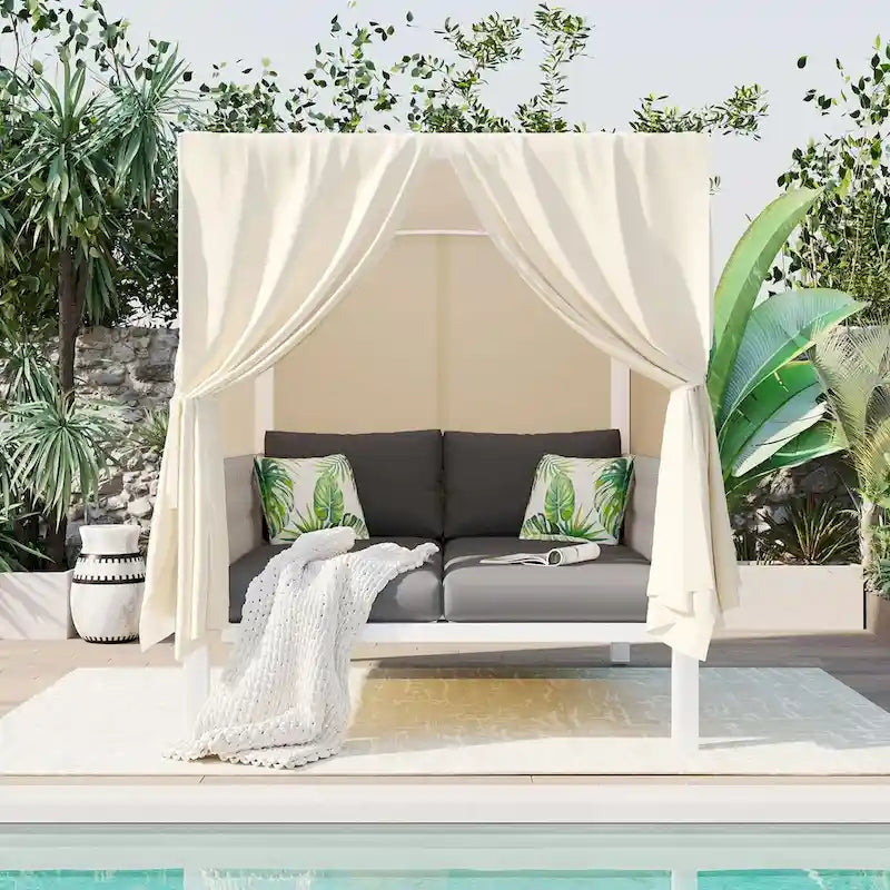 Outdoor Patio Sunbed with Curtains, High Comfort, Suitable