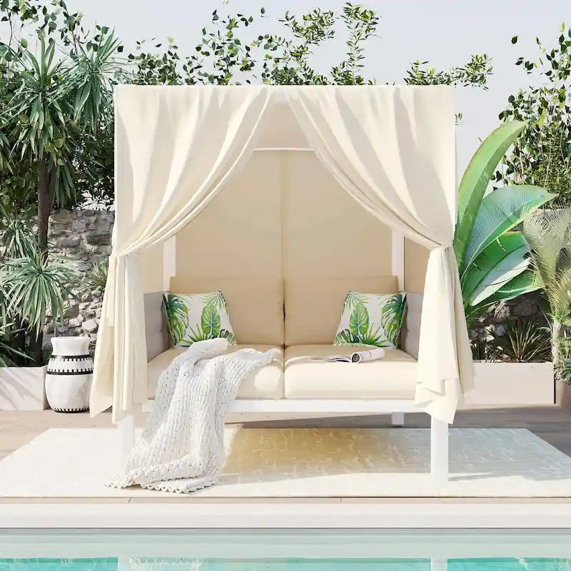 Outdoor Patio Sunbed with Curtains, High Comfort, Suitable