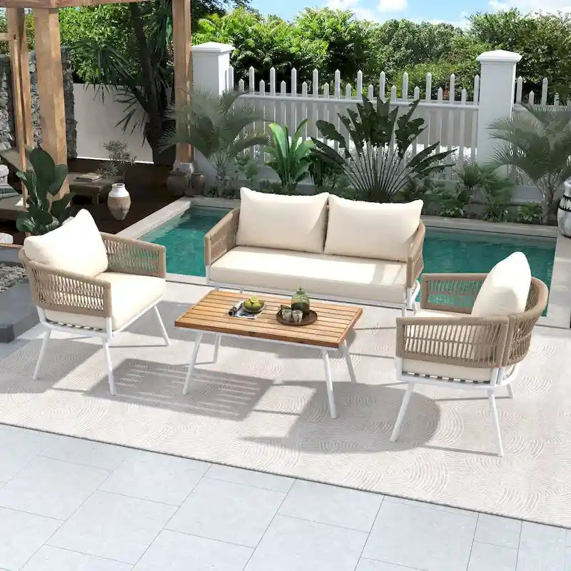 4PCS Boho Rope Patio Sofa Set with Acacia Wood Table