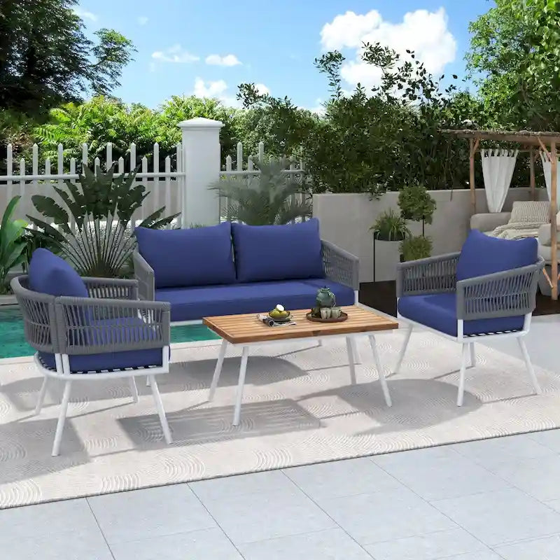4PCS Boho Rope Patio Sofa Set with Acacia Wood Table