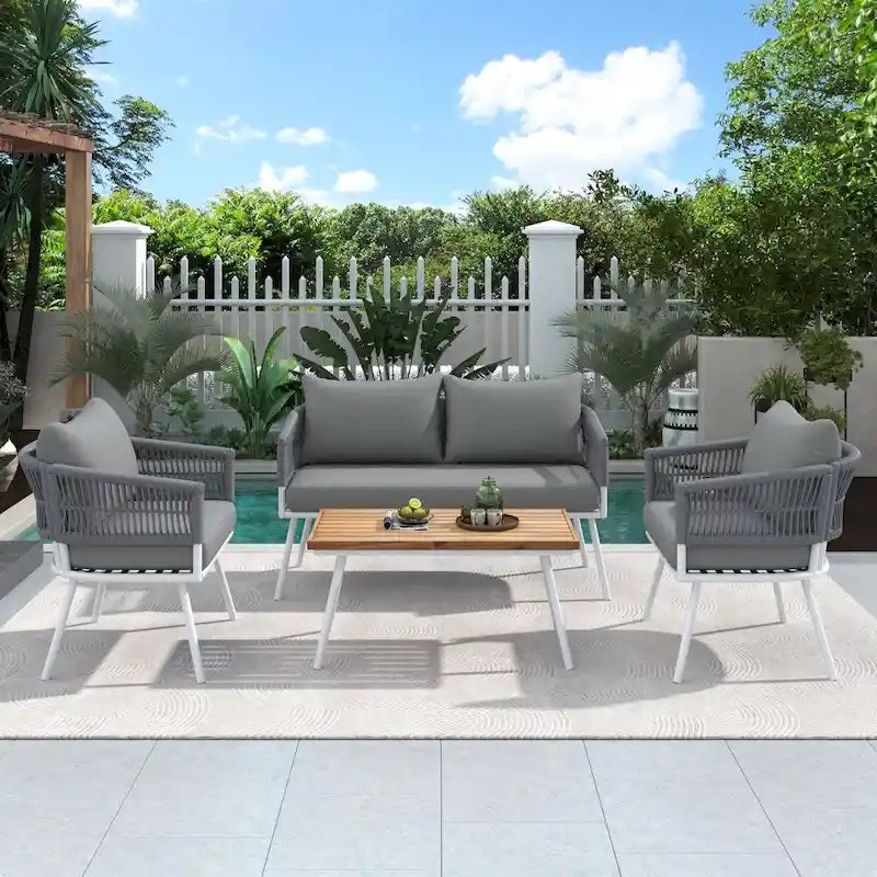 4PCS Boho Rope Patio Sofa Set with Acacia Wood Table