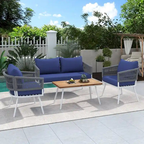 4PCS Boho Rope Patio Sofa Set with Acacia Wood Table