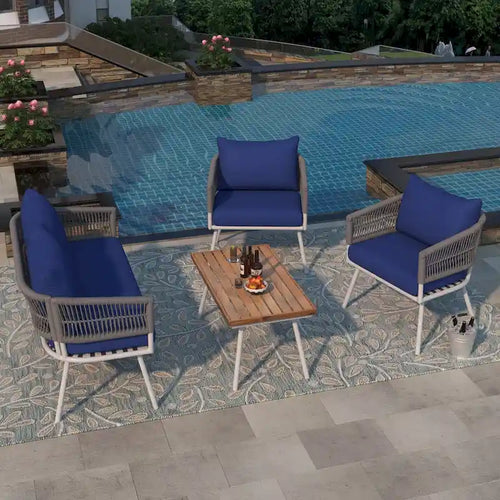 4PCS Boho Rope Patio Sofa Set with Acacia Wood Table
