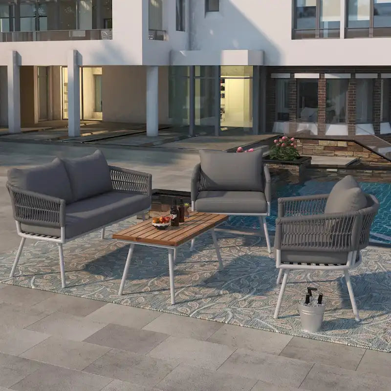 4PCS Boho Rope Patio Sofa Set with Acacia Wood Table