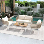 4PCS Boho Rope Patio Sofa Set with Acacia Wood Table