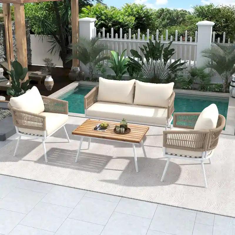 4PCS Boho Rope Patio Sofa Set with Acacia Wood Table