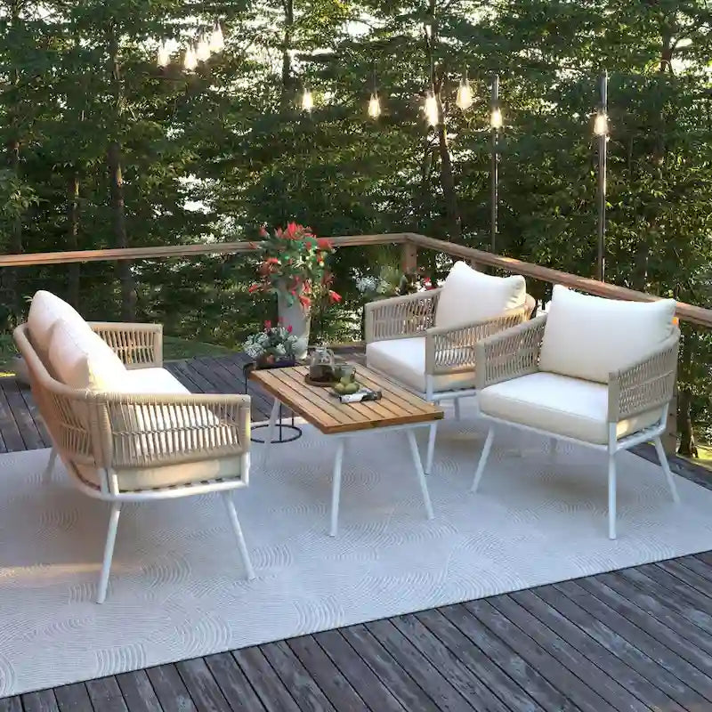 4PCS Boho Rope Patio Sofa Set with Acacia Wood Table