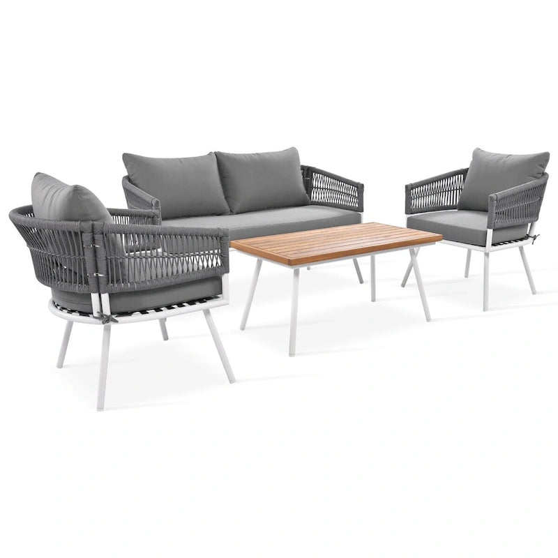 4PCS Boho Rope Patio Sofa Set with Acacia Wood Table
