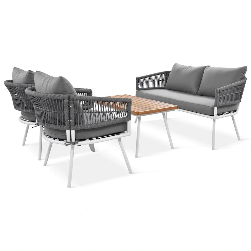 4PCS Boho Rope Patio Sofa Set with Acacia Wood Table