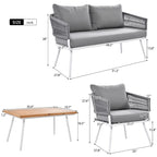 4PCS Boho Rope Patio Sofa Set with Acacia Wood Table