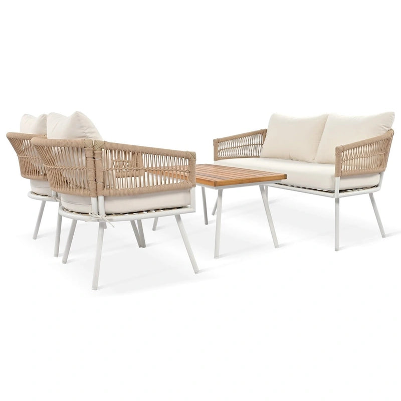 4PCS Boho Rope Patio Sofa Set with Acacia Wood Table
