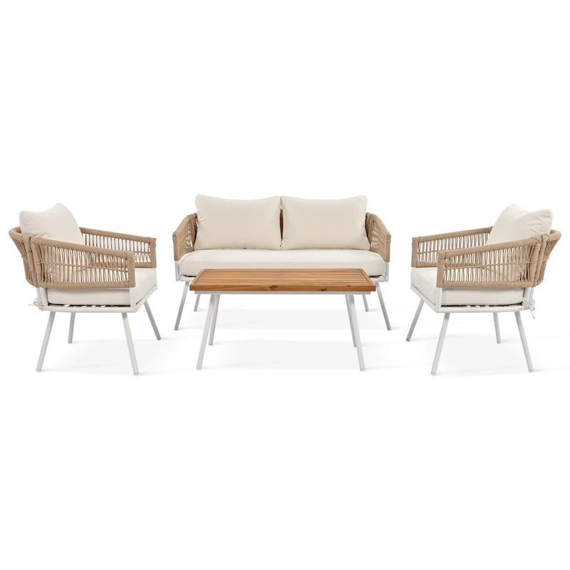 4PCS Boho Rope Patio Sofa Set with Acacia Wood Table