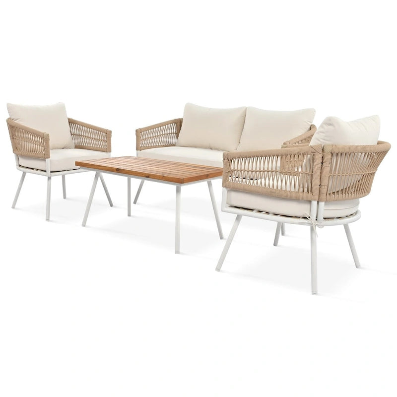 4PCS Boho Rope Patio Sofa Set with Acacia Wood Table