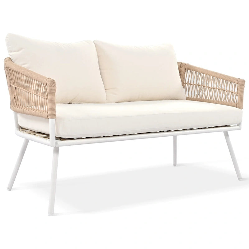 4PCS Boho Rope Patio Sofa Set with Acacia Wood Table