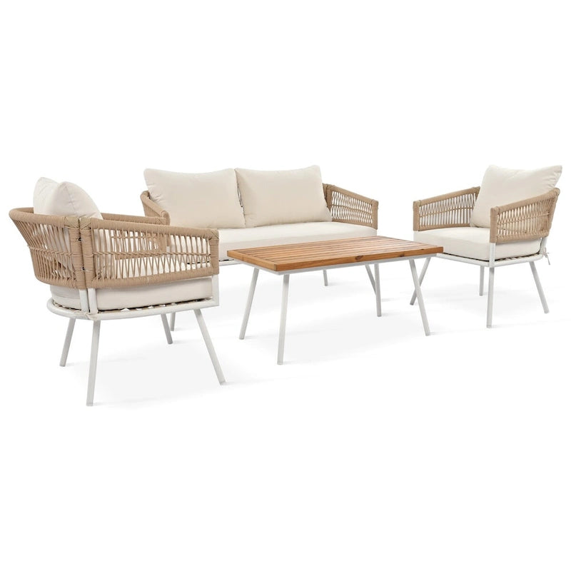 4PCS Boho Rope Patio Sofa Set with Acacia Wood Table