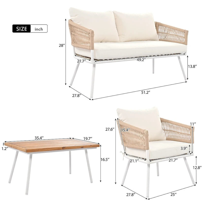 4PCS Boho Rope Patio Sofa Set with Acacia Wood Table