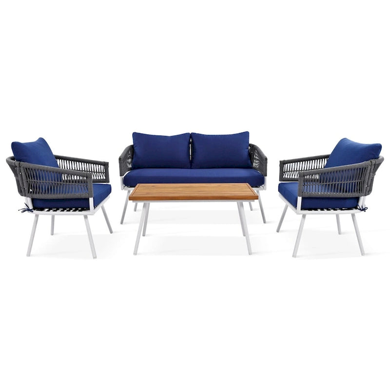 4PCS Boho Rope Patio Sofa Set with Acacia Wood Table