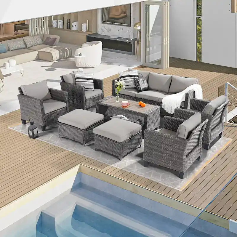 BONOSUKI 8-Piece Patio Sofa Set Grey Rattan Furniture Set w/Ottomans