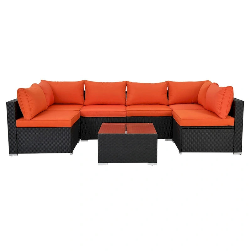 Black 7-Piece Wicker Outdoor Sectional Set Patio Sofa Set with Orange Cushions and Coffee Table