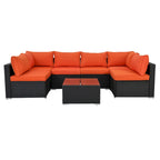 Black 7-Piece Wicker Outdoor Sectional Set Patio Sofa Set with Orange Cushions and Coffee Table