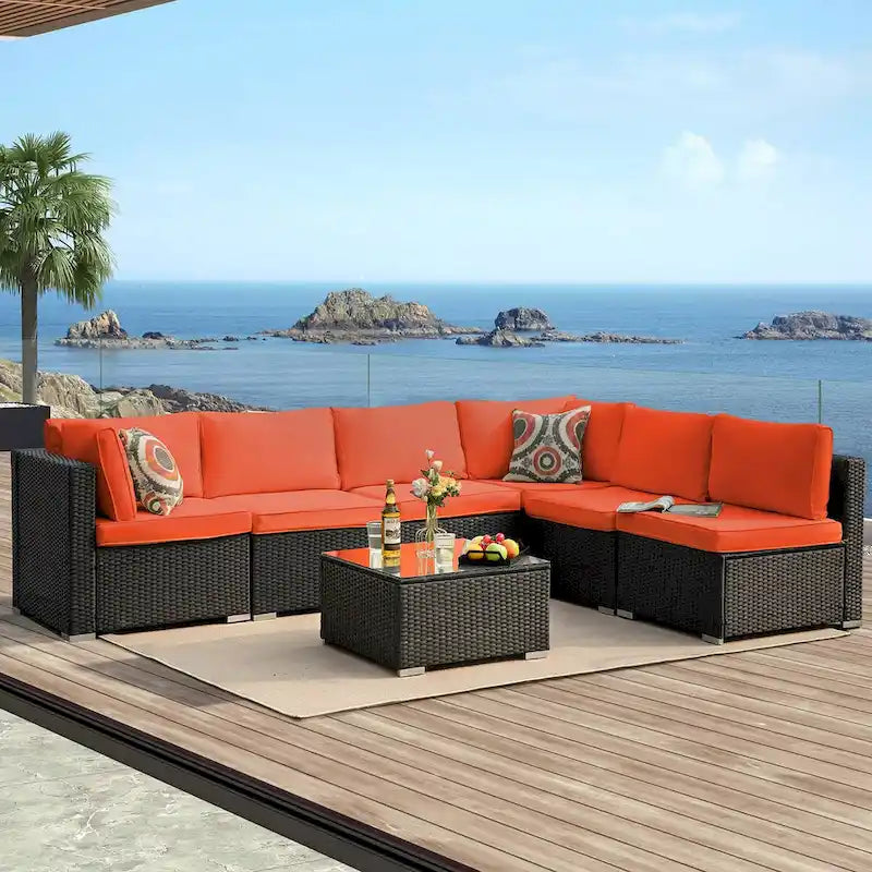 Black 7-Piece Wicker Outdoor Sectional Set Patio Sofa Set with Orange Cushions and Coffee Table