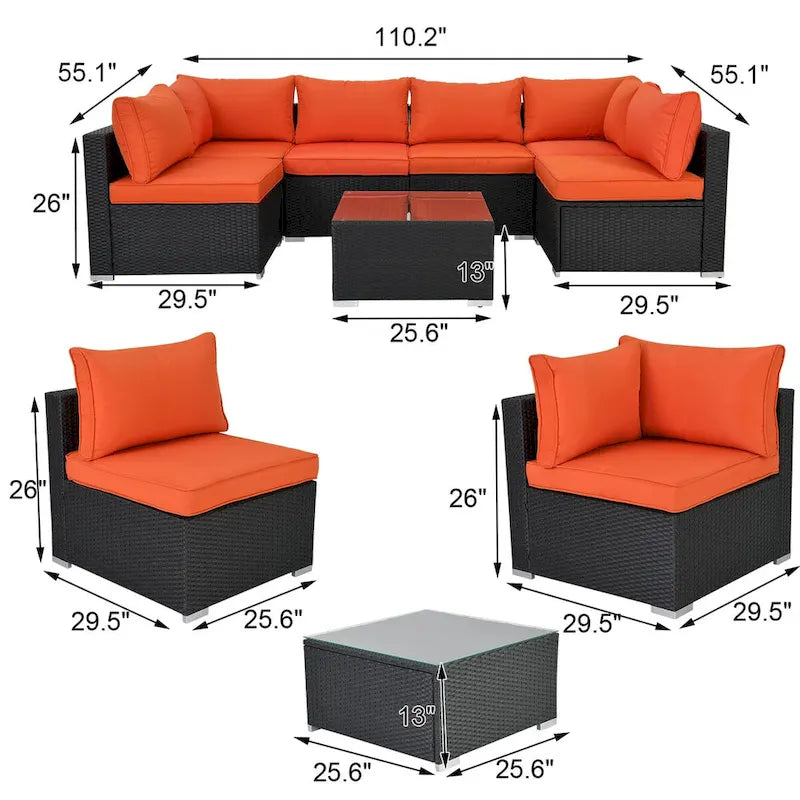 Black 7-Piece Wicker Outdoor Sectional Set Patio Sofa Set with Orange Cushions and Coffee Table
